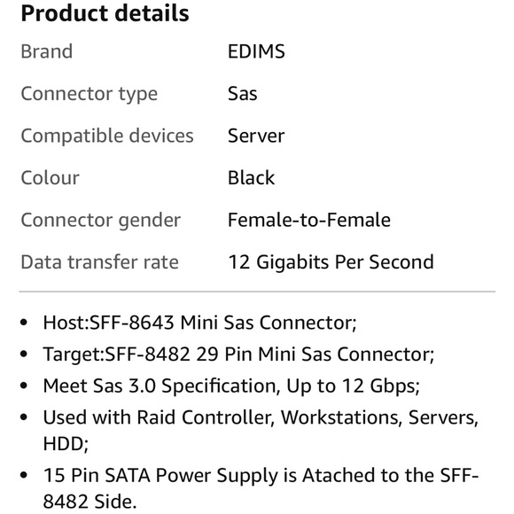 EDIMS Mini SAS to SAS Cable Breakout  HD SFF-8643 to SFF-8482 29Pin Sata Power - Picture 9 of 10